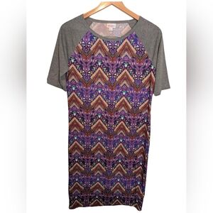 New LuLaRoe Purple Chevron Print Julia Dress with Gray Raglan Sleeves. Large